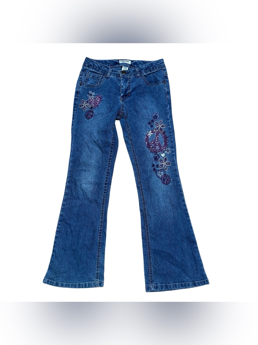 Y2K Cherokee Blue Denim Jeans Bootcut Purple Peace Floral Embroidery Western - Picture 2 of 10
